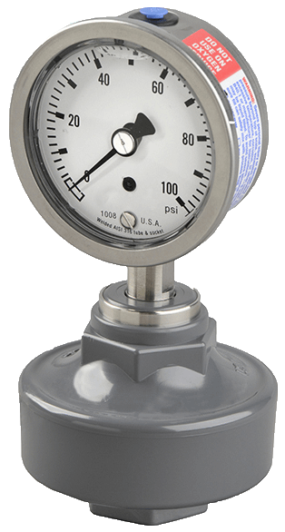Aquflow pressure gauge isolators use a buffer between the chemicals and the internal parts to protect the pressure gauge from corrosive damage